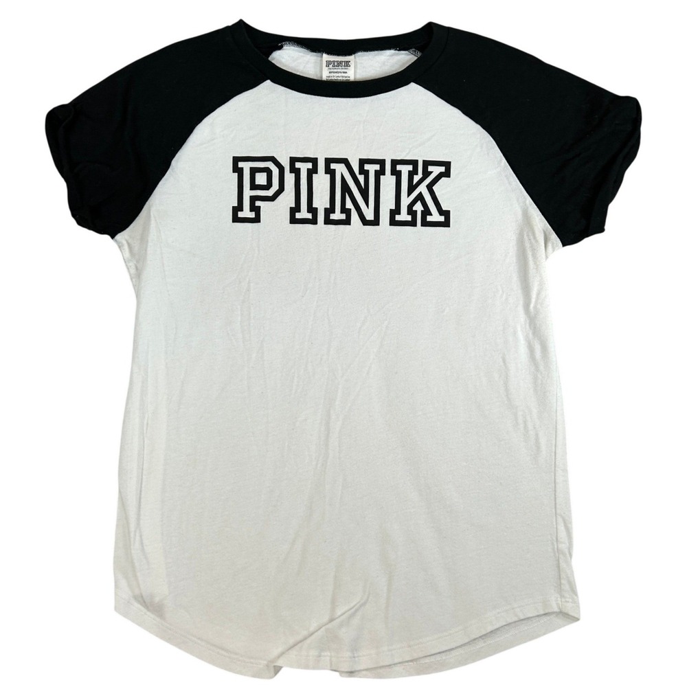 PINK Victoria's Secret Raglan Baseball T-Shirt White Black Logo Small